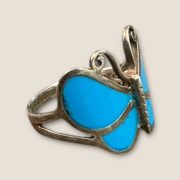 Vintage Sterling Silver Turquoise Inlaid Butterfly Ring Size 10.5 - Picture 3 of 10